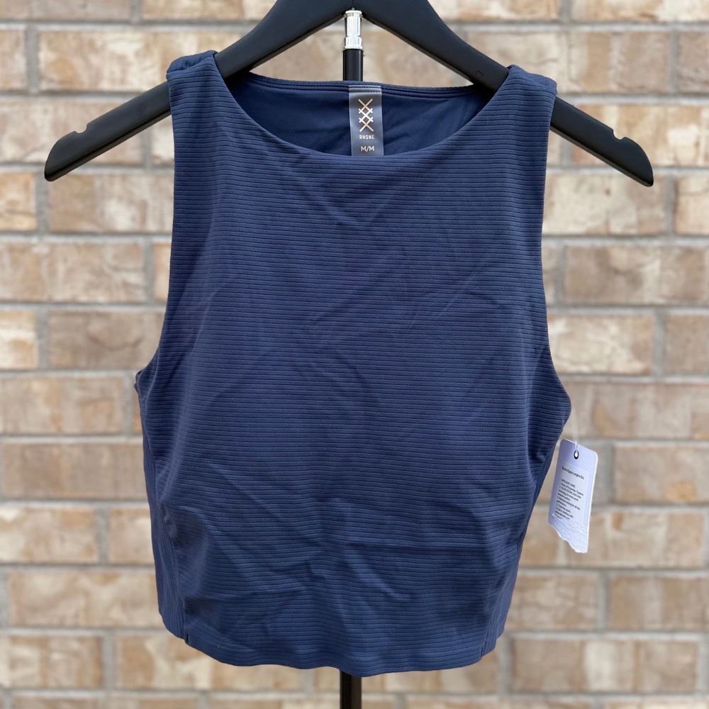 NWT Rhone Ripple Longline Bra Navy Ribbed Active Top Cut Out Back High Neck M